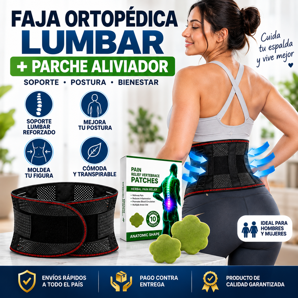 FAJA ORTOPÉDICA LUMBAR + PARCHE ALIVIADOR DE DOLOR