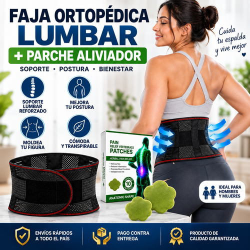 FAJA ORTOPÉDICA LUMBAR + PARCHE ALIVIADOR DE DOLOR